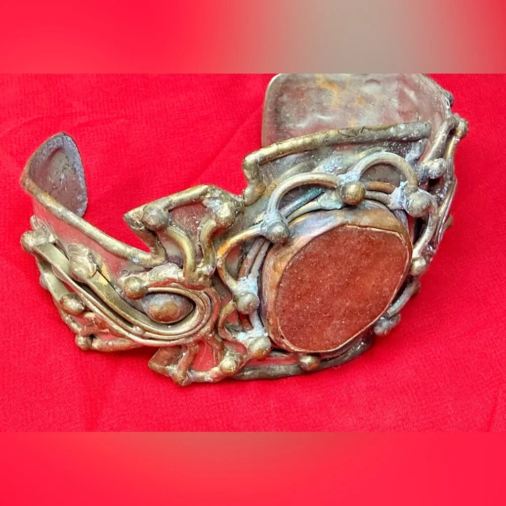 Vintage Brutalist Mixed Metal and Jasper Or Agate Artisan Cuff Bracelet